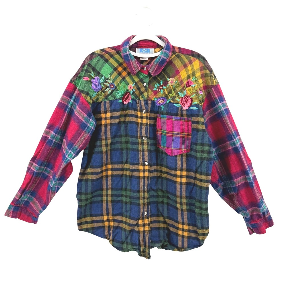 Womens L Patchwork Plaid Flannel Shirt Floral Embroidered Cotton Vintage Boho